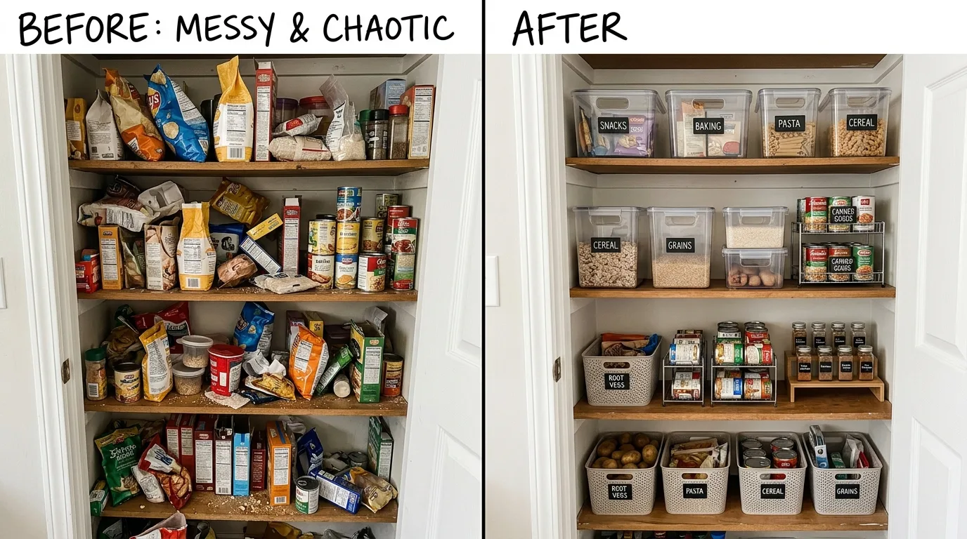 Before and after budget pantry organization makeover